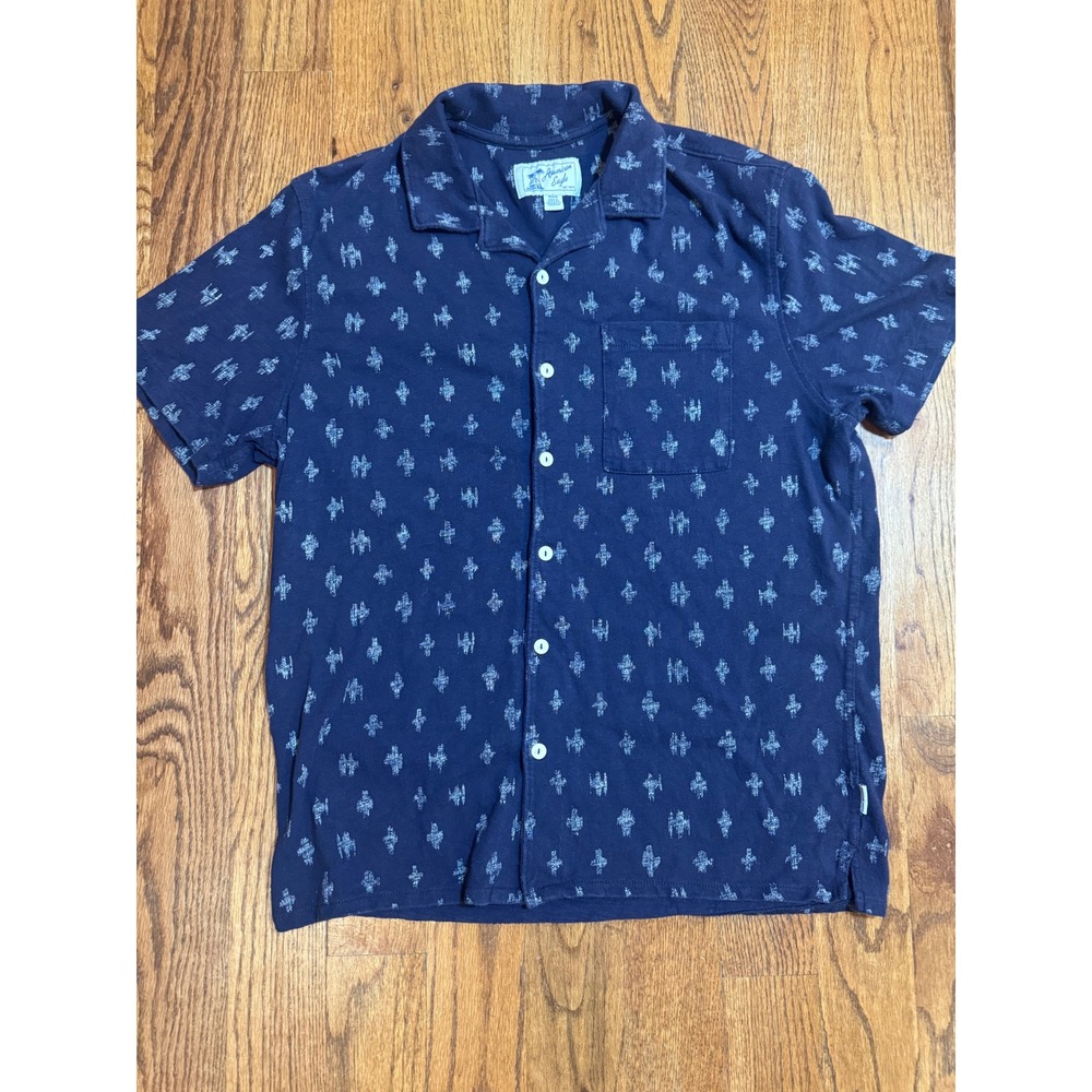 American Eagle Mens Navy Blue Ikat Print Short Sleeve‎ Button Up Shirt Medium